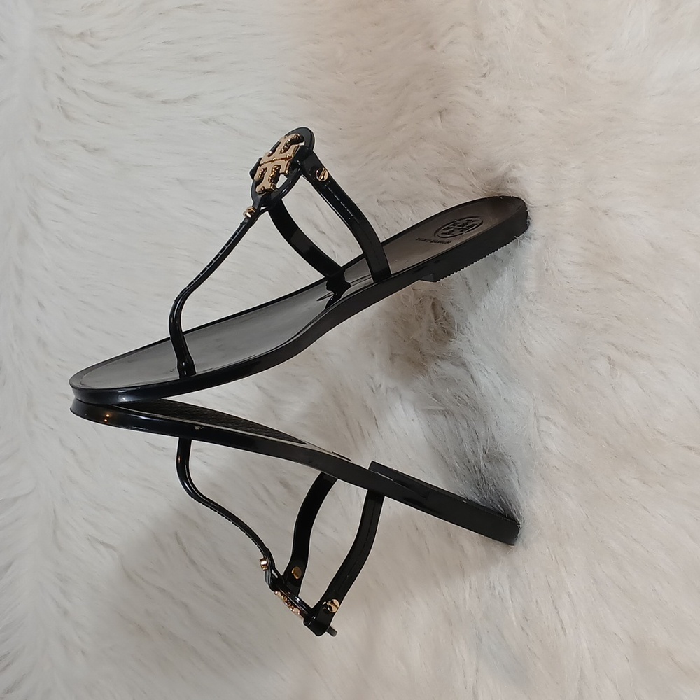 Tory Burch  Mini Miller Flat Jelly Black Sandals with Gold Emblem Sz 8 M - Picture 3 of 9